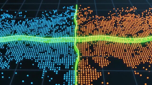 A digital graphic representation with a grid background, divided into two sections by a neon green line, featuring orange and blue dots