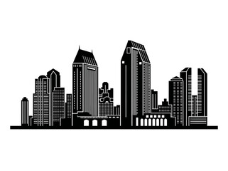 Fototapeta premium San Diego Skyline Silhouette Vector Illustration. Minimalist Black and White Downtown Cityscape of San Diego, California. Modern Urban Landmark Skyscrapers Graphic Design.
