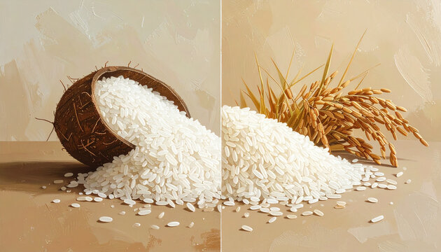 Rice grain pile and coconut husk