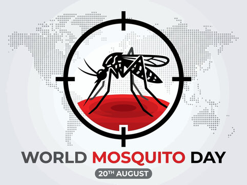 World Mosquito Day Concept Vector Illustration for August 20th Awareness, Featuring Mosquito in Crosshair Target over Blood Drop and Dotted World Map Background