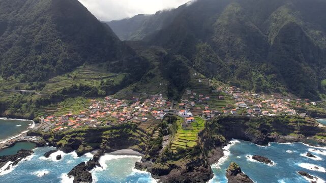 Aerial view of the scenic coastal village Seixal in Madeira, Portugal