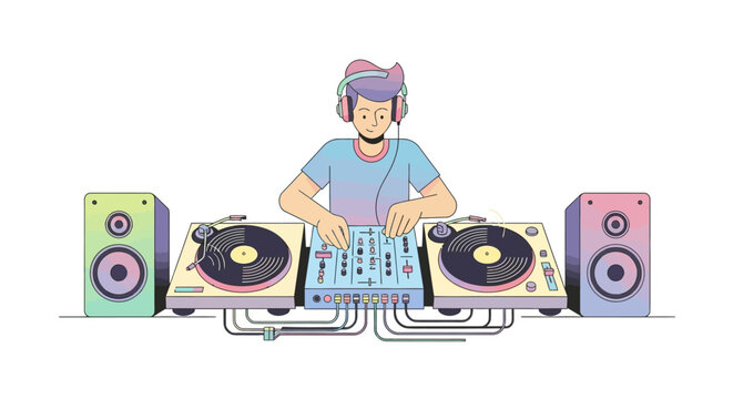 DJ mixing music on turntables with headphones and speakers.