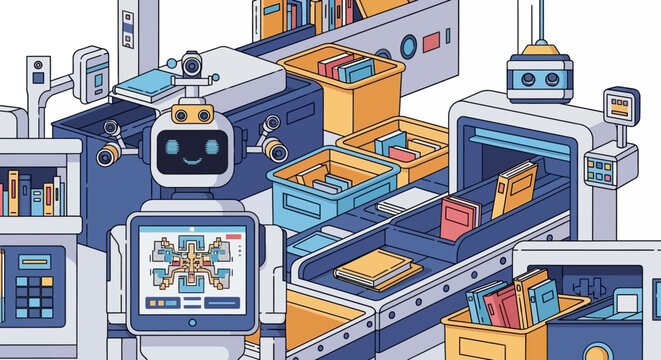 Friendly robot sorting books in a futuristic library automation system.