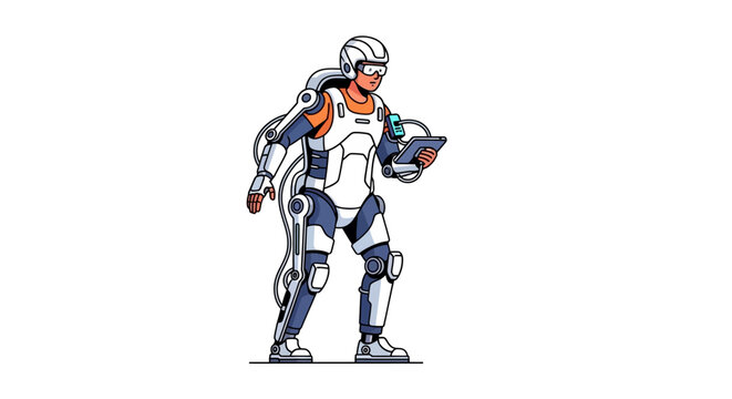 Futuristic astronaut in advanced exoskeleton suit holding helmet.