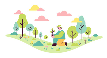 Fototapeta premium Gardener planting a small tree in a lush green landscape.