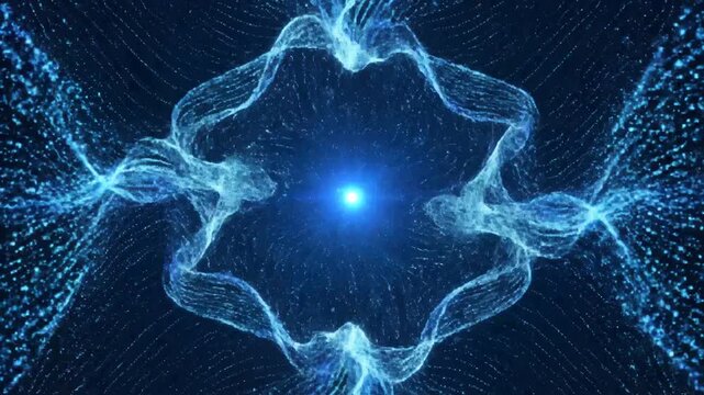 Blue glowing abstract particle explosion symbolizing conceptual art and dynamic energy