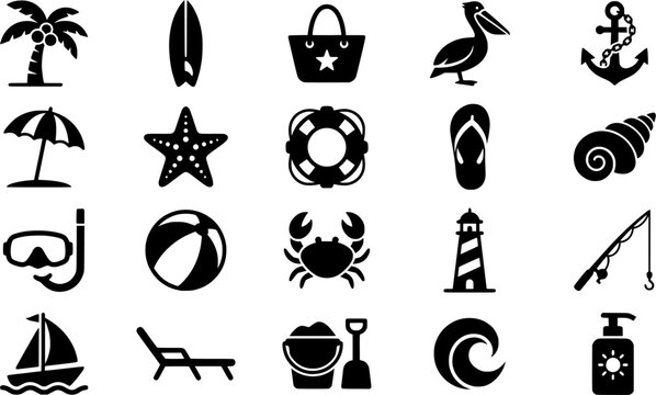 Monochrome line art collection of summer vacation essentials featuring a coconut palm tree, surfboard, beach tote bag, pelican, anchor, and diving equipment ideal for travel and holiday