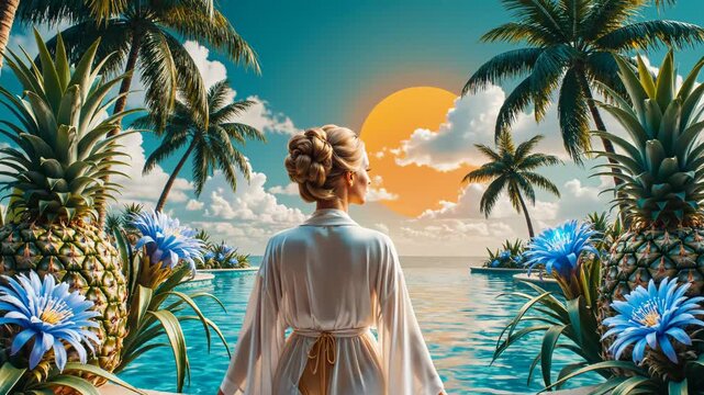 Woman in robe overlooking tropical pool ideal for travel vlogs and eco-friendly campaigns