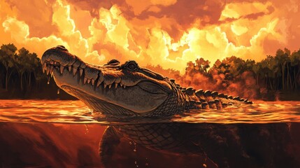 Fototapeta premium Crocodile Emerging from Water Against Dramatic Sunset Background