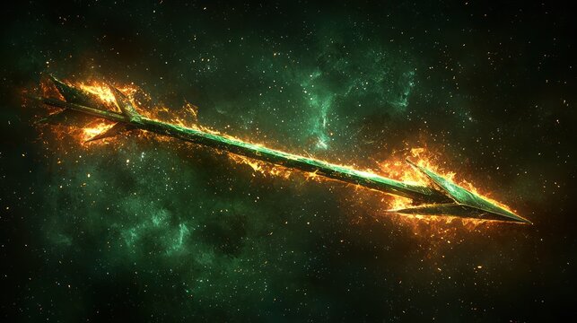 Illuminated arrow soaring through a nebula. Burning flames encase a metallic green arrowhead and shaft