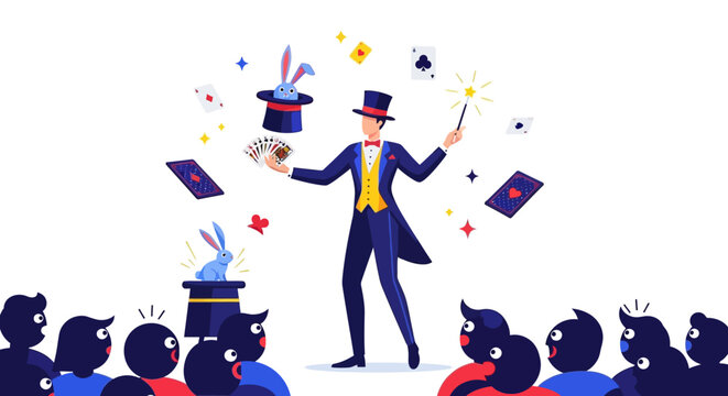Magician Performing Illusion Show with Rabbits and Cards.