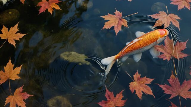 Ultra-Detailed Koi Fish Beneath Autumn Maple Leaves in Crystal Clear Zen Pond, Overhead 4K UHD