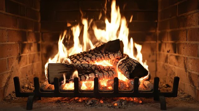 Fire burning in a brick fireplace highlighting geometric patterns and contemporary art