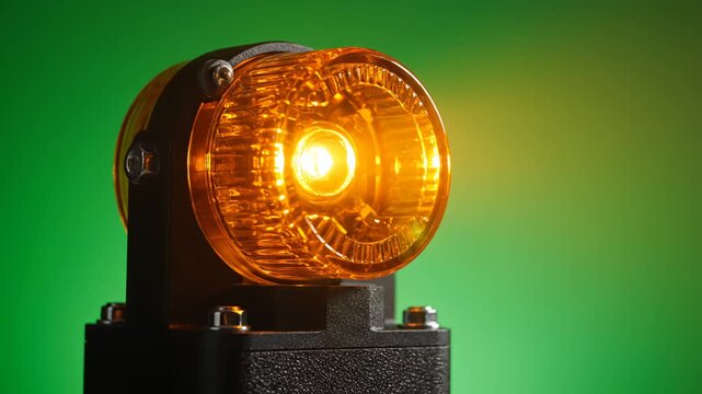 Illuminated amber warning light on green background representing supply chain logistics and production