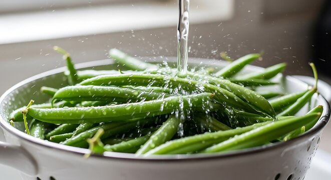 Fresh organic green beans being washed under running water in a colander