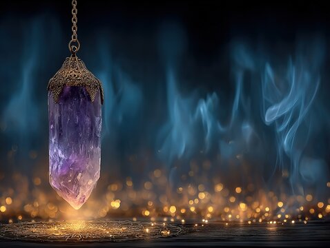 Glowing Amethyst Crystal Pendulum with Golden Mandala Bokeh Mystical Energy Meditation Background