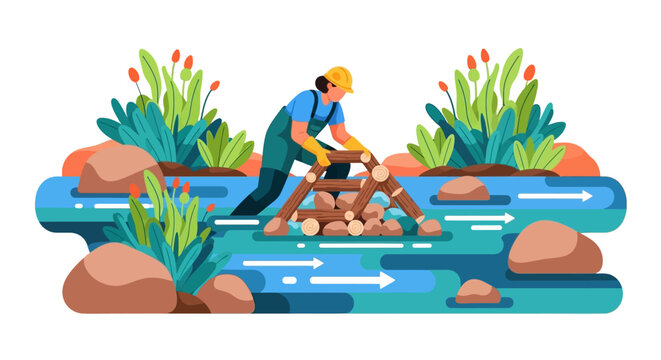 Man building a dam with logs in a river.