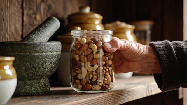 A glass jar filled with assorted nuts sits on a wooden shelf, alongside a mortar and other containers, creating a rustic still life composition