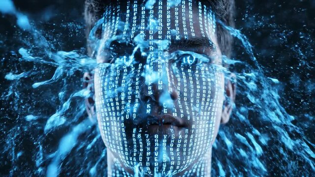 A futuristic digital portrait of a person's face made of glowing blue circuits
