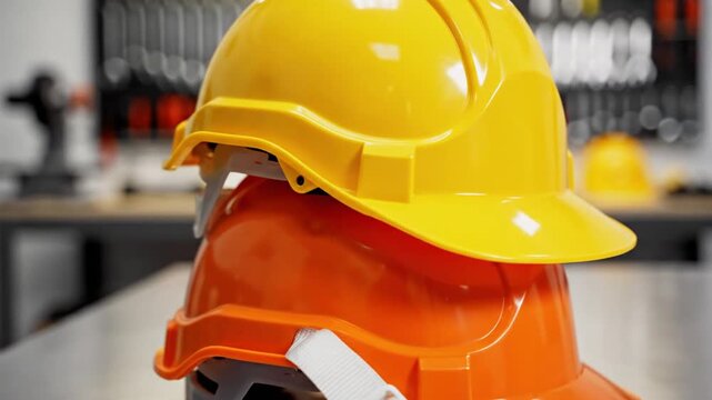 Construction Hard Hats Stacked on Table, Tools in Background