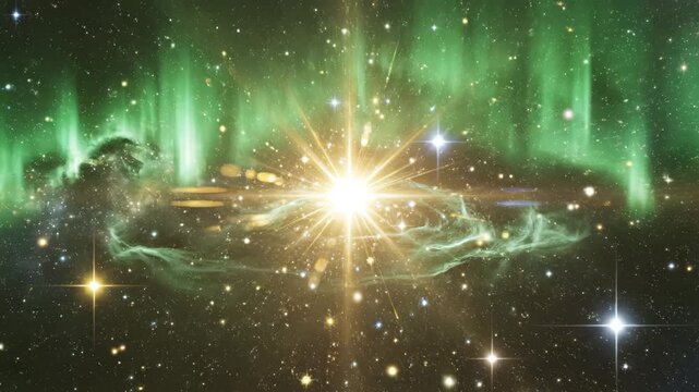 Starry galaxy with green nebula highlighting geometric patterns and contemporary art