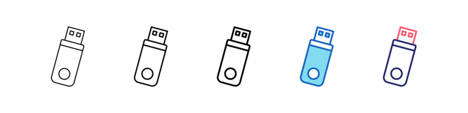Usb Drive Icon In 5 Different Styles Set Collection.   