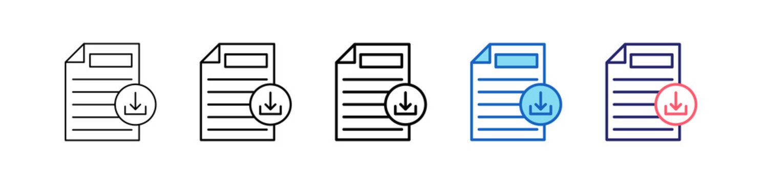 File Download Icon In 5 Different Styles Set Collection.   