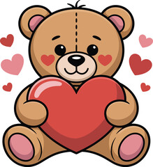 Naklejka premium Cute Teddy Bear Holding a Red Heart with Pink and Red Hearts in a Whimsical Style