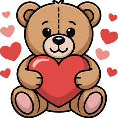 Naklejka premium Cute Teddy Bear Holding Red Heart Icon with Floating Hearts
