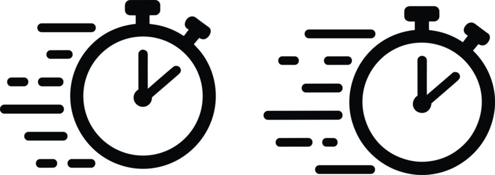 Fast delivery stopwatch icon set with motion lines representing speed quick service time management and countdown vector symbols