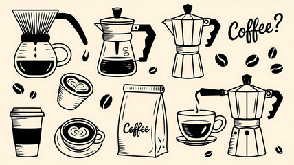 Obraz premium Black coffee icons on beige background