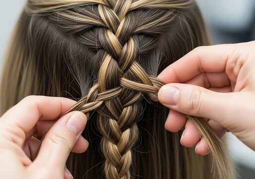 Hands Braiding Long Highlighted Hair into a French Braid