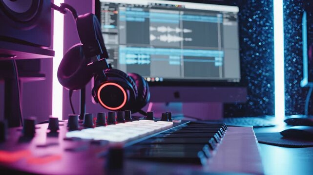 Music production equipment in studio ideal for tech startups and software promos