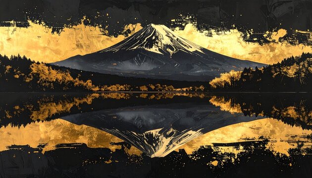 黒背景に金の逆さ富士 水面反射墨絵背景