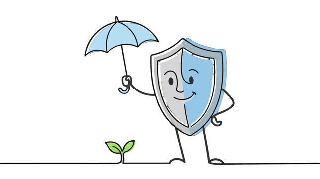Shield Character Holding Umbrella Protecting Small Plant on White Background