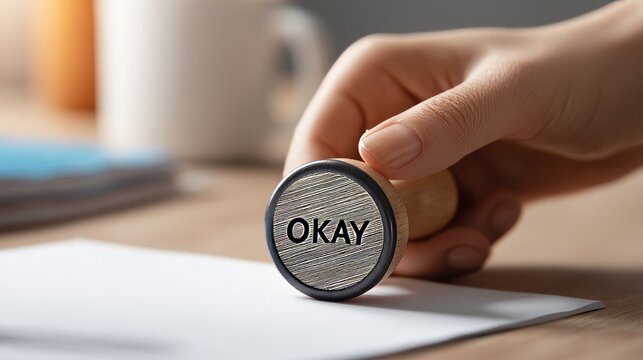 human hand firmly pressing a round rubber OK stamp onto a white paper surface,