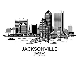 Naklejka premium Jacksonville Florida City Skyline Vector Illustration, Black and White Line Art of Downtown Jacksonville with Main Street Bridge and St. Johns River