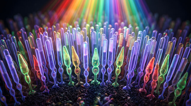 Microscopic 3D illustration of human retina photoreceptor cells including rods and cones reacting to a vibrant spectrum of rainbow light beams