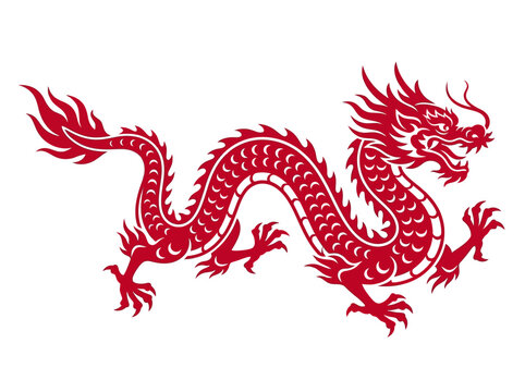 Traditional Red Chinese Dragon Illustration, Lunar New Year Zodiac Symbol Isolated on White Background