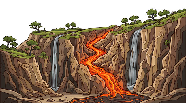 Volcanic landscape with lava flow down a cliff face with waterfalls on either side