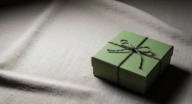 Minimalist green gift box with string bow on textured fabric background with copy space