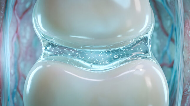 Detailed 3D medical illustration showing the cross-section of a human joint with synovial fluid and bubbles between healthy white bone cartilage surfaces.