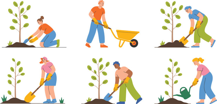 Set of people planting trees gardening with shovels and wheelbarrows for environmental protection reforestation and community sustainability outdoor activities