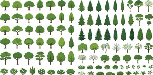Large flat vector tree and shrub collection featuring diverse oak pine cypress and garden bush icons for professional landscape architectural site planning and nature map illustrations. © Mahan