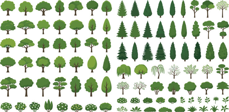 Large flat vector tree and shrub collection featuring diverse oak pine cypress and garden bush icons for professional landscape architectural site planning and nature map illustrations.