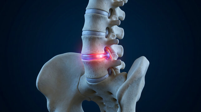 3D medical illustration of a herniated disc in the human lumbar spine with glowing red highlights representing pain and nerve compression.