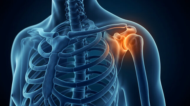 3D medical illustration of a human skeleton showing shoulder joint pain with a glowing orange highlight representing inflammation, arthritis, or injury.