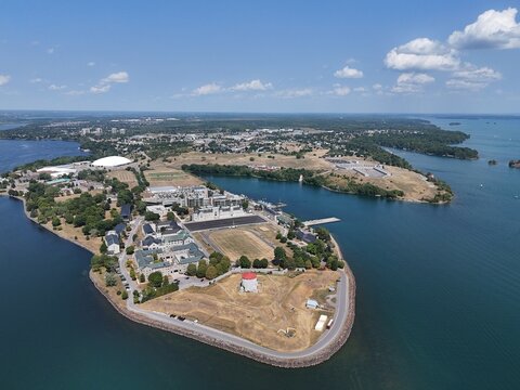 Aerial view of Kingston Ontario waterfront marina, harbor and city skyline on Lake Ontario, Canada. g.