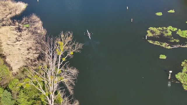 Aerial Bydgoszcz Poland Brda River house kayak race 3 Northern Poland. River Brda inland waterway, tributary Vistula. Kayak course, race, competition and recreation. Boating athlete and exercise.