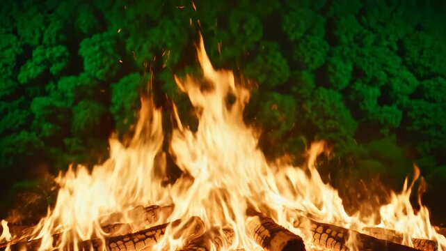Campfire with glowing flames and logs ideal for travel vlogs and eco-friendly campaigns